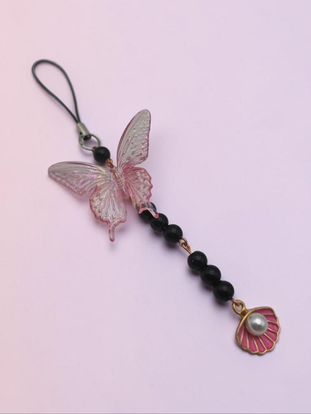 Pink Butterfly Phone Charm with Black Bead & Shell Dangle – Handmade